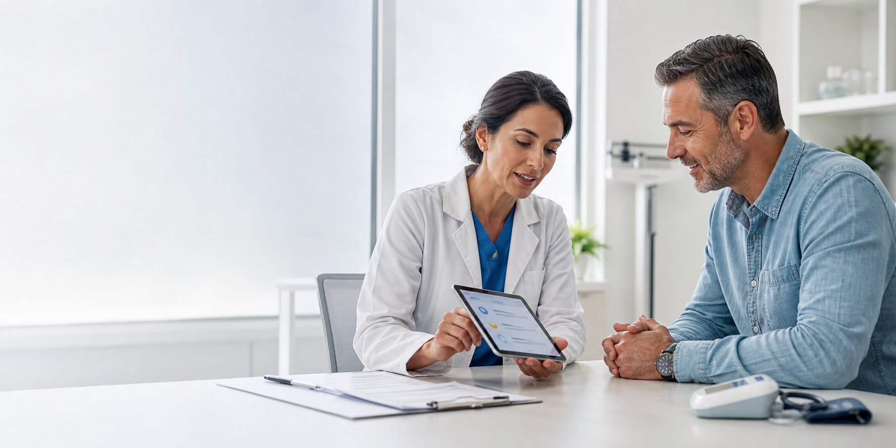 Female doctor reviewing a screening checklist on a tablet with a patient around age 50