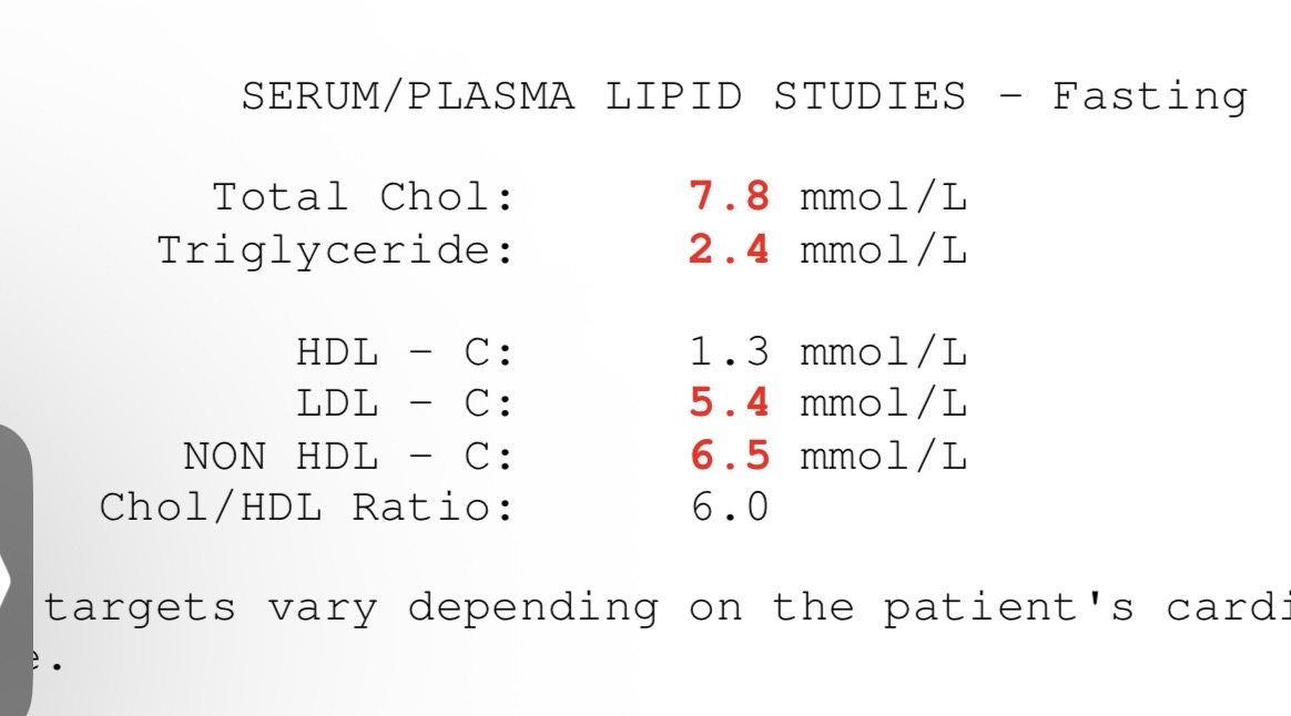 De-identified lipid result example showing total cholesterol 7.8, triglycerides 2.4, LDL 5.4, non-HDL 6.5