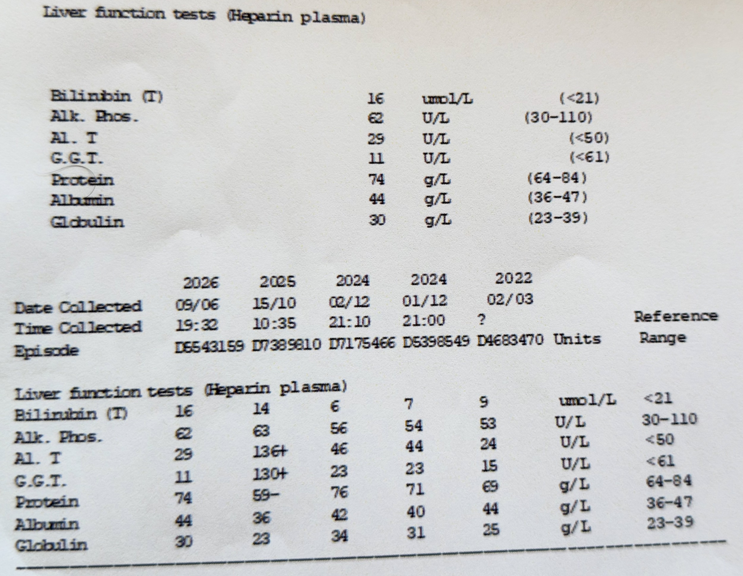 De-identified liver function tests example showing bilirubin, ALP, ALT, GGT, protein, albumin, and globulin